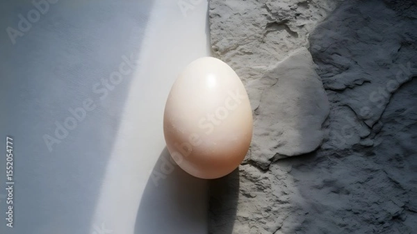 Fototapeta Single brown egg on rough textured stone surface with dramatic natural lighting and shadow - minimalist artistic still life food photography
