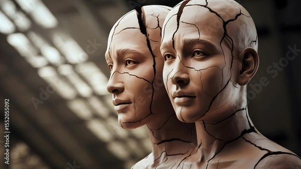Fototapeta Two cracked sculptural heads representing human duality, mental health fragmentation and psychological complexity in contemporary art