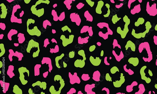 Fototapeta Neon pink and neon green leopard print seamless pattern, vector illustration, simple shapes, black background, no shadows, no gradients, low resolution, high contrast, flat design, 80s style.