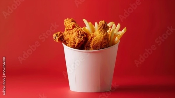 Fototapeta modern and minimalist food presentation featuring a white bucket of fried chicken, perfectly crisp and golden, with an enticingly crunchy exterior
