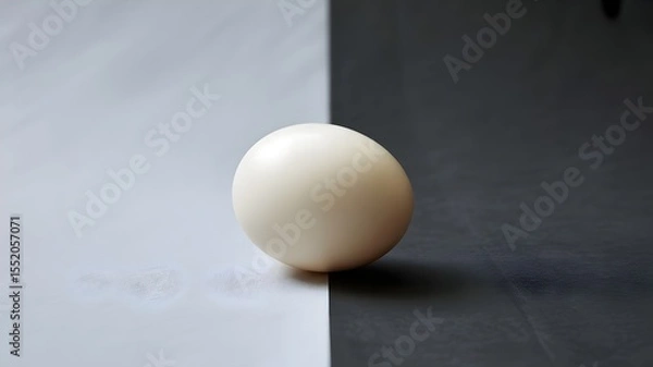 Fototapeta Single white egg on minimalist gray background with dramatic lighting and shadow for food photography nutrition cooking concept design