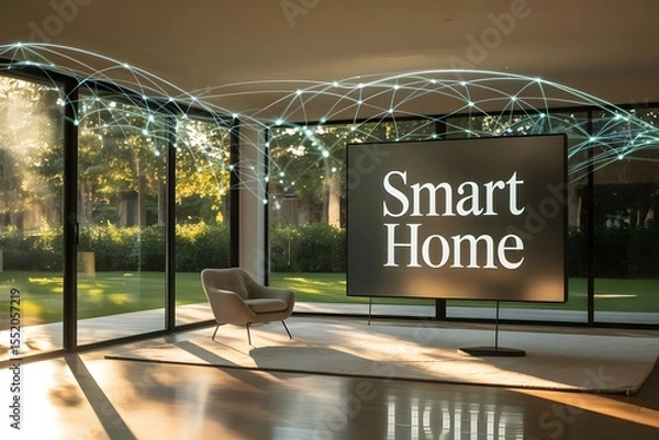 Fototapeta Smart home interior with digital network connections overlay showing IoT technology integration in modern living space with large windows