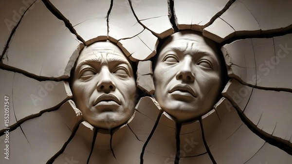 Fototapeta Two sculptural faces emerging from cracked earth surface representing human connection, mental health and environmental drought concepts
