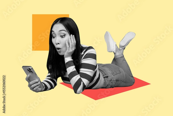 Fototapeta Image full trendy 3d collage poster of shocked girl surf smartphone freelancer occupation programming fake news propaganda
