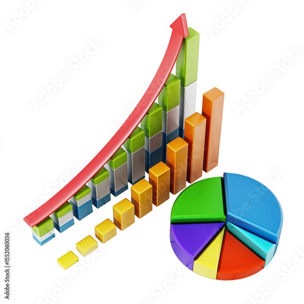 Obraz Rising sale bars and pie chart showing financial data  isolated on transparent background. 3D illustration