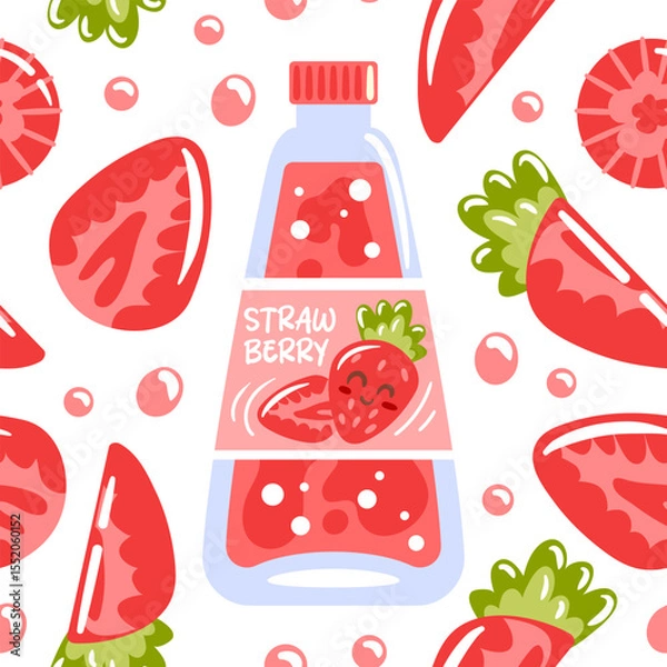 Obraz A seamless pattern showcasing strawberry soda in glass bottles, adorned with vibrant strawberry pieces. This lively design captures the essence of summer, bringing a refreshing and playful atmosphere