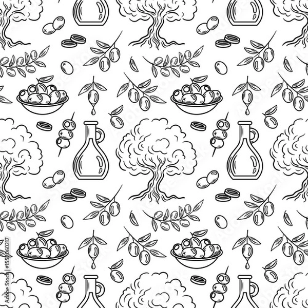 Obraz seamless pattern features olive trees, bottles of oil, and olives in a dish, charming sketch. Perfect for Mediterranean themes, culinary designs, or organic product packaging.
