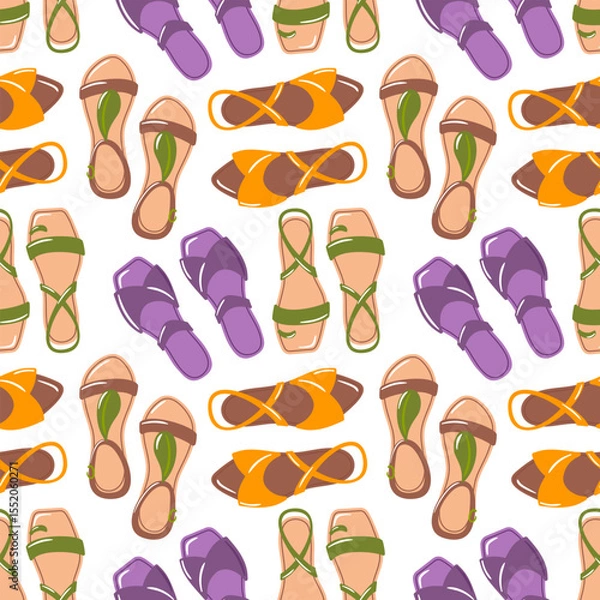 Obraz A seamless pattern featuring stylish summer sandals, capturing the essence of warm weather and outdoor fun. This colorful design is perfect for fashion projects, beachwear, and tropical-themed decor.