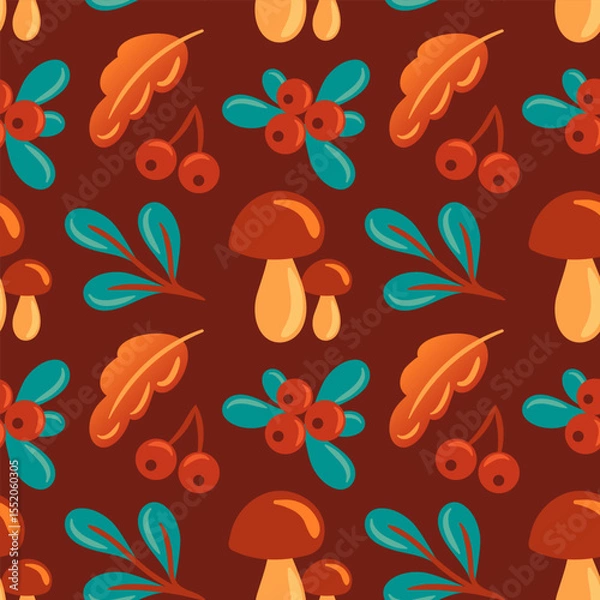 Obraz This autumn pattern features mushrooms, leaves, and berries, capturing the essence of fall. Ideal for seasonal projects, textiles, and decor, it brings warmth and a natural touch to any design.