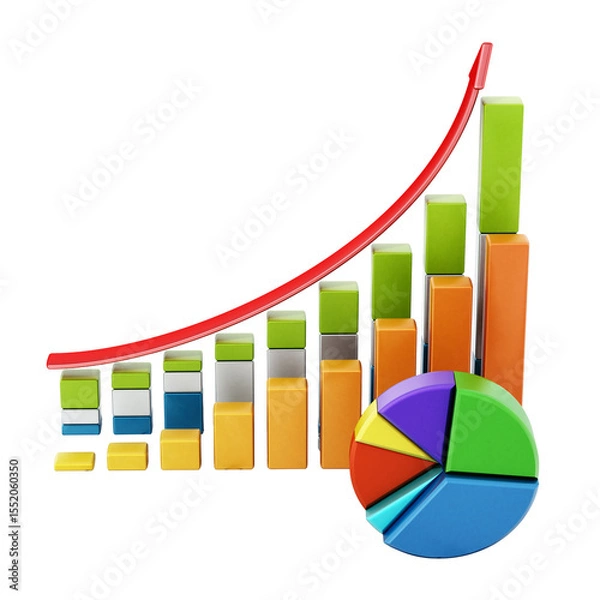 Obraz Rising sale bars and pie chart showing financial data  isolated on transparent background. 3D illustration