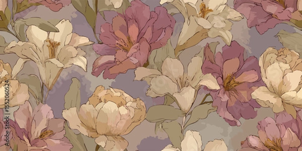 Fototapeta Vintage Botanical Line Art Seamless Pattern Delicate Floral Vector for Fabric and Decor