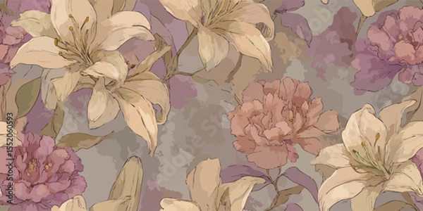 Fototapeta Vintage Botanical Line Art Seamless Pattern Delicate Floral Vector for Fabric and Decor