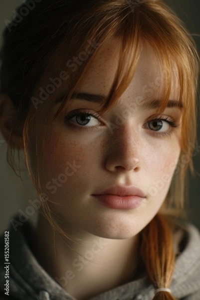 Fototapeta Close-up Portrait of a Fair-Skinned Young Woman with Red Hair and Freckles