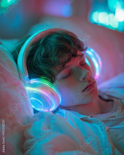Obraz Teen boy wearing futuristic neural headphones, relaxing on a bed surrounded by ambient led lights