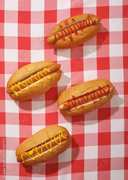Fototapeta Top view of four delicious hot dogs with mustard and ketchup on a red checkered tablecloth. Classic fast food concept.