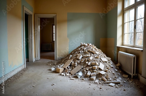 Fototapeta Unfinished renovation project reveals a mound of debris in a dilapidated room with peeling paint and large windows