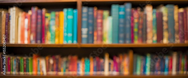 Fototapeta Blurred Bookshelf with Vibrant Colorful Books on Display