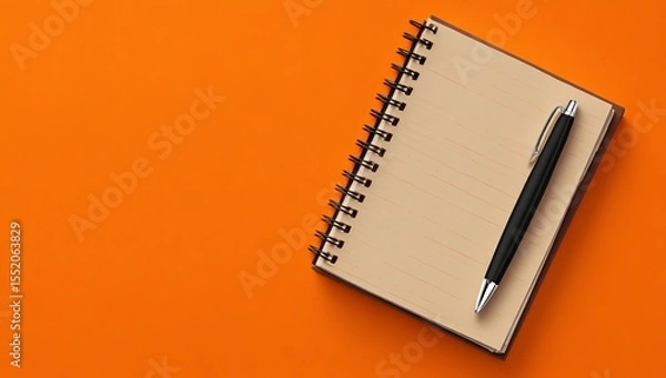 Fototapeta Photo of a notebook and pen on an orange background, symbolizing writing or brainstorming for a copywriting concept. Web banner with copy space on the right side.