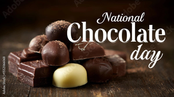Fototapeta stockphoto, big white text "National Chocolate day" prominently displayed it the top op the photo. A few luxury pralines are in the lower part of the photo. Sweet chocolate truffles. Sweet food contai