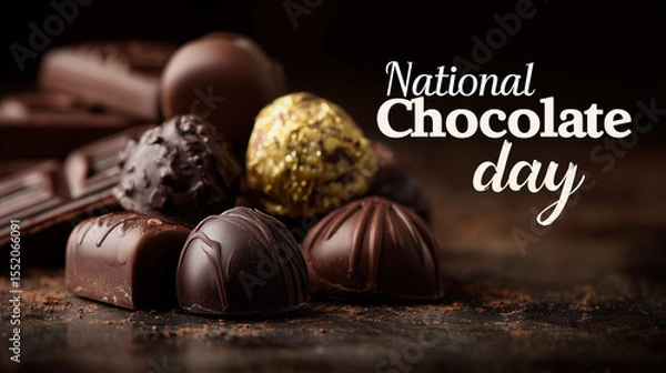 Fototapeta stockphoto, big white text "National Chocolate day" prominently displayed it the top op the photo. A few luxury pralines are in the lower part of the photo. Sweet chocolate truffles. Sweet food contai