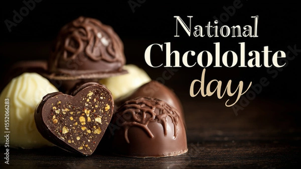 Fototapeta stockphoto, big white text "National Chocolate day" prominently displayed it the top op the photo. A few luxury pralines are in the lower part of the photo. Sweet chocolate truffles. Sweet food contai