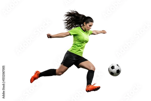 Fototapeta Dynamic Female Soccer Player Kicking Ball in Action Shot on Transparent 