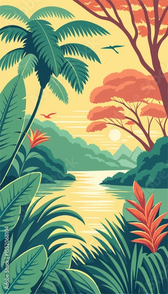 Fototapeta Beautiful Tropical Jungle Landscape with Sunset Sky. Vector illustration