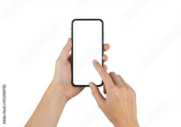 Fototapeta Hands holding and touching a smartphone with blank screen
