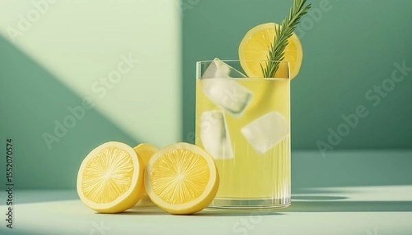 Fototapeta Refreshing Summer Lemonade Or Cocktail With Ice, Rosemary, And Lemon Slices On Pastel Light Green Surface. Fresh, Healthy Cold Lemon Beverage With Lemon-Infused Water.