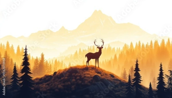 Fototapeta Majestic Silhouette Of Deer And Fawn Standing On Hill In Enchanting Misty Landscape With Forest And Mountains