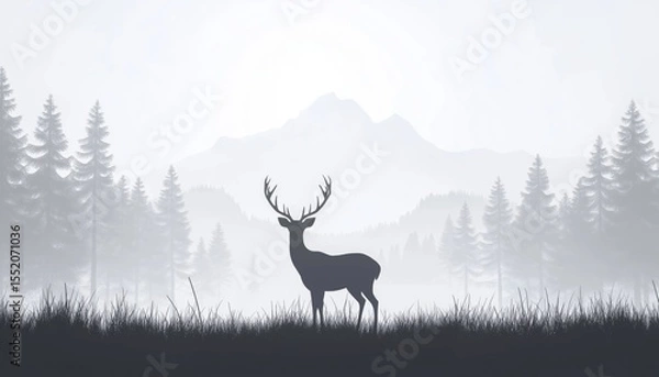 Fototapeta Majestic Scene Of Deer Family In Meadow: Silhouette Of Animals, Trees, Grass, Misty Landscape With Fog And Mountains. Gray Bookmark