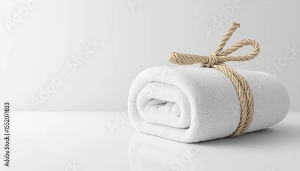 Fototapeta White Spa Towel Rolled And Secured With Hemp Rope On A White Counter Table, With Empty Space For Text Or Objects.