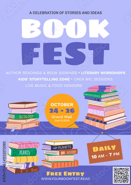Obraz Book festival or fair vertical poster for advertising, promotion. Piles of various books on bookshelf. Hand drawn banner, flyer design for educational events, World Book Day, Back to School concepts.
