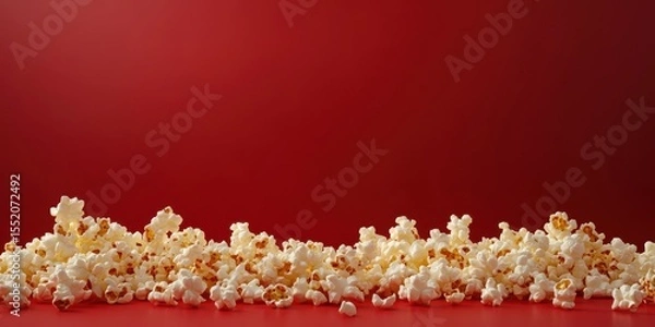 Fototapeta Popcorn scattered across vibrant red background creating a fun and playful atmosphere for movie time