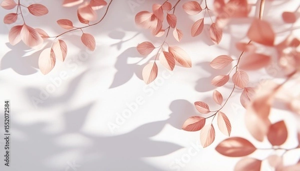 Fototapeta Beautiful Abstract Rose Gold Light Bokeh With Natural Leaves Shadow Blurred On Tree Branches Against White Concrete Wall: Nature'S Art