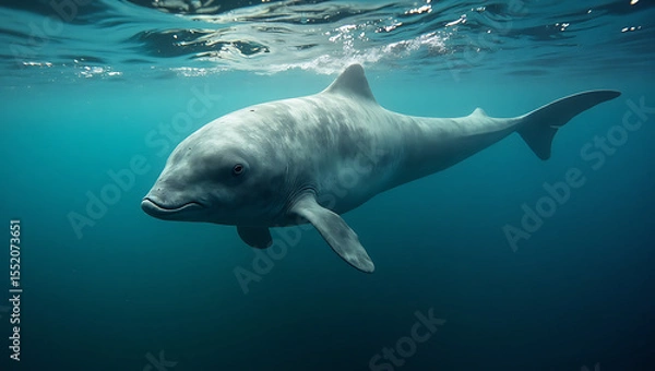 Fototapeta A beluga whale glides effortlessly through the clear blue waters of the Arctic, showcasing its unique shape and gentle demeanor as it explores its underwater habitat.