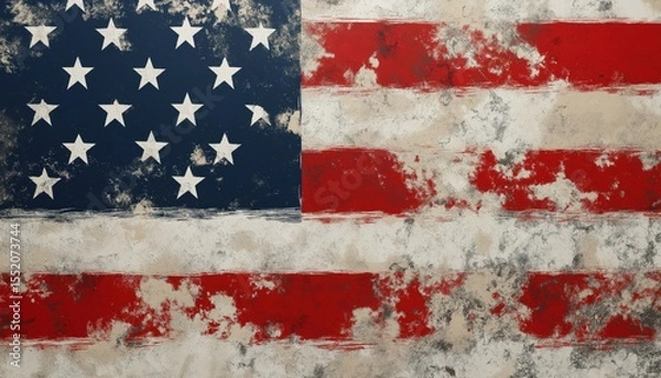 Fototapeta Detailed Look At Worn American Flag: A Close-Up View Of Vintage, Tattered Us Flag With Grunge Texture And Faded Colors.