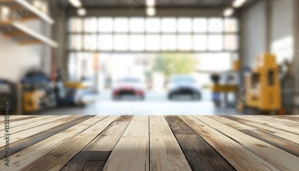Fototapeta Wooden Tabletop Featuring A Blurred Background Of A Car Repair Services Center With Skilled Automobile Maintenance Technicians Showcasing Products Or Repairs.