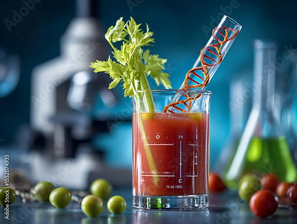 Fototapeta Creative cocktail with celery and DNA strand in a lab setting with scientific glassware and colorful liquids