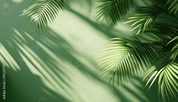 Fototapeta Stylish Olive Palm Leaf Shadow On A Green Wall: Trendy Lay With Sunlight Filtering Through, Creating A Fashionable And Modern Look