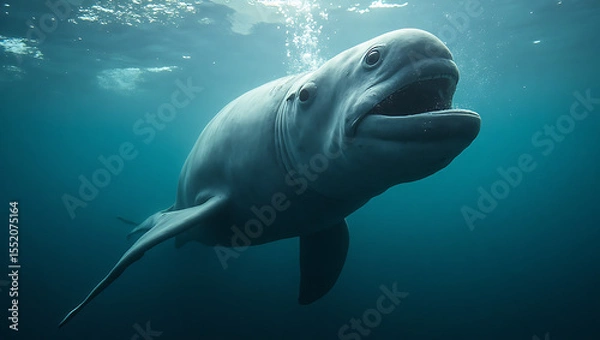 Fototapeta A beluga whale glides effortlessly through the clear blue waters of the Arctic, showcasing its unique shape and gentle demeanor as it explores its underwater habitat.
