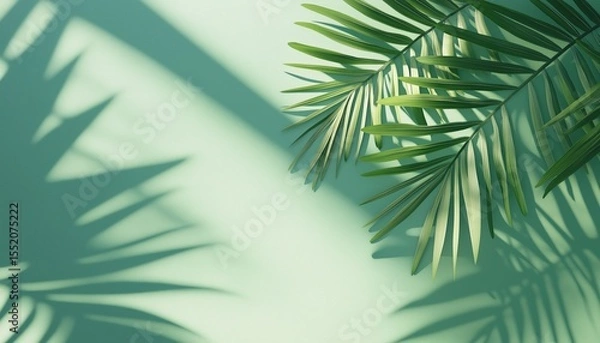Fototapeta Stylish Olive Palm Leaf Casting Trendy Shadow On Green Wall In The Sunlight - A Chic And Modern Scene.