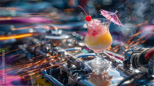 Fototapeta Refreshing tropical drink garnished with cherry and umbrella placed on a vintage engine at a summer car show