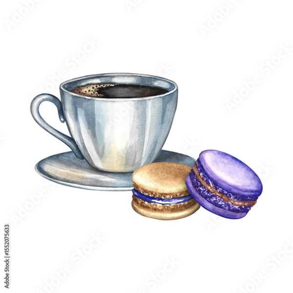 Fototapeta A cup of coffee and a macaroon cookie. Hand-drawn watercolor illustration. Colorful image. French cuisine. For packaging, logos, and labels. For banners, flyers, menus, posters, and more.