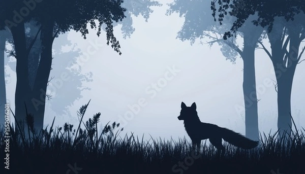 Fototapeta Misty Fox Silhouette Standing In Meadow: A Magical Forest Landscape With Trees, Grass, And Fog In Blue And Gray Tones.