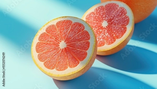 Fototapeta Vibrant Grapefruit In Sunshine: A Creative Food Display On Soft Blue Background With Citrus Slices And Hard Shadows.