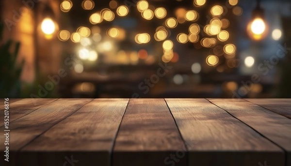 Fototapeta Wooden Table Set Against Blurred Restaurant Lights: An Aesthetic Image Capturing The Ambiance Of Dining Out. Rustic Yet Modern Feel.