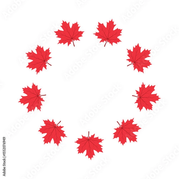 Fototapeta Vibrant Red Maple Leaves Circular Frame; Autumnal Design Element; Fall Season; White Background