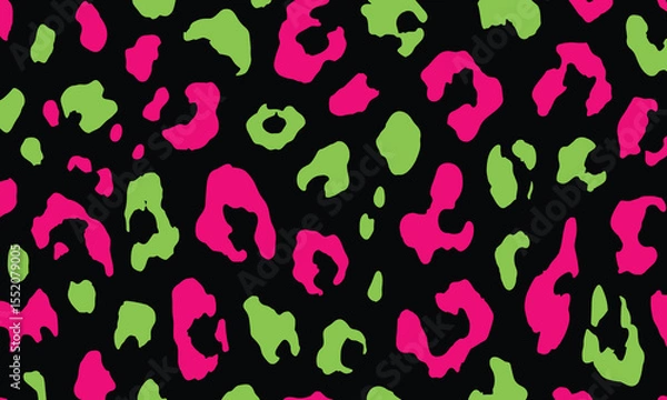 Fototapeta Neon pink and neon green leopard print seamless pattern, vector illustration, simple shapes, black background, no shadows, no gradients, low resolution, high contrast, flat design, 80s style