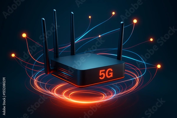 Fototapeta Futuristic levitating 5G wireless router glowing with high speed data signals and dynamic antennas representing advanced network connectivity technology in a smart digital environment